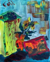 Sunflowers and a painting near a garbage can at airoport 20x25cm - 1150$